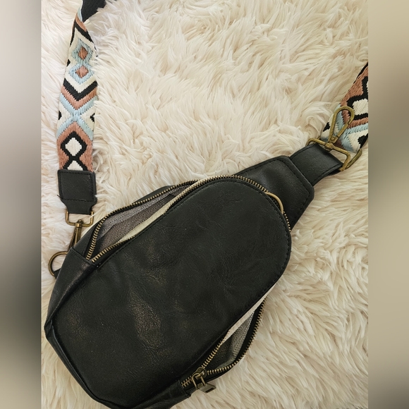 Black Crossbody Bag with Patterned Strap - Picture 7 of 7